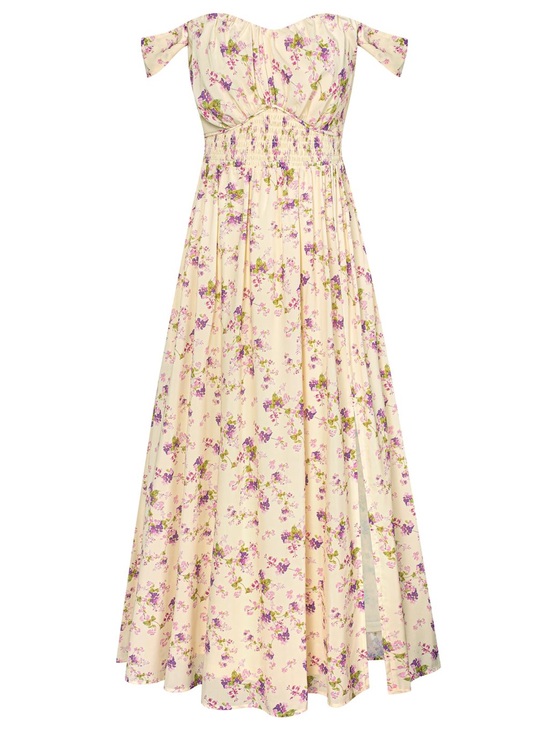 Grace Karin Dresses & Skirts - NWT Grace Karin Floral Maxi Dress Cream Purple Smocked Cottagecore Size Small